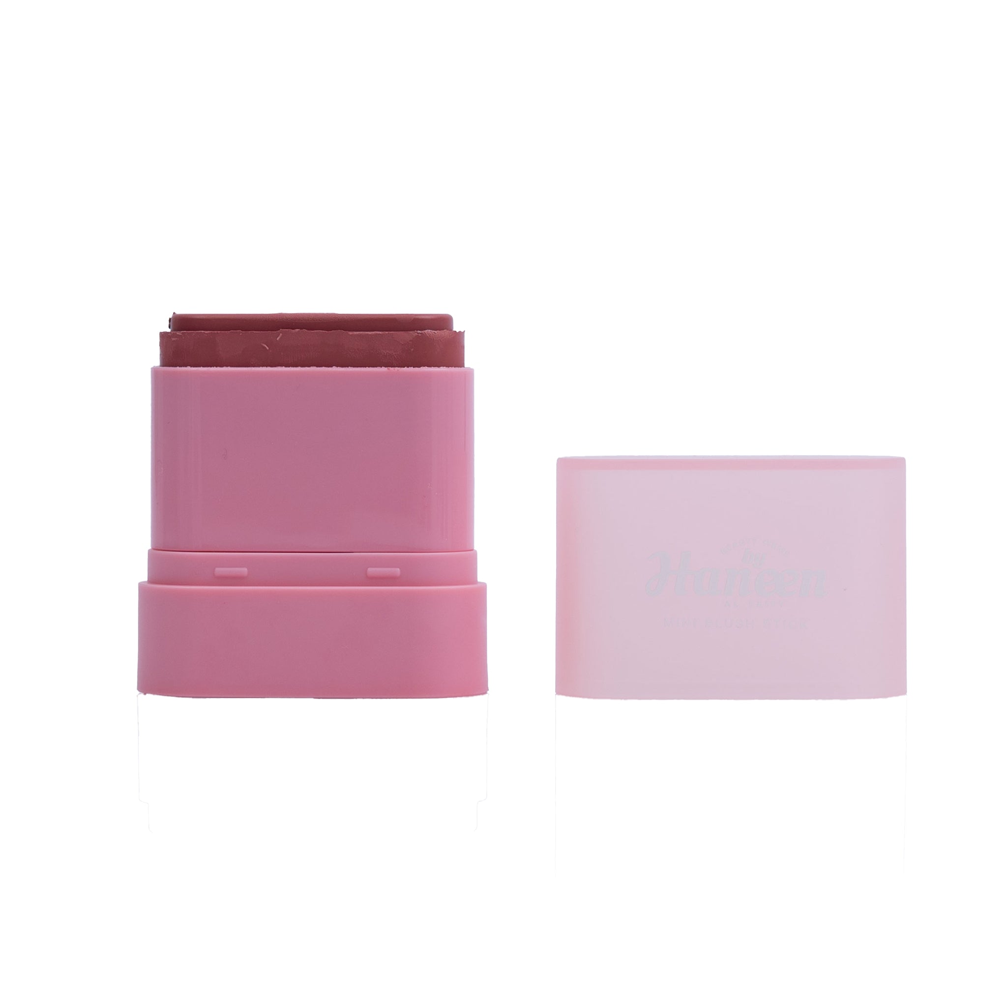 Pink makeup stick with a smaller pink container on a white background