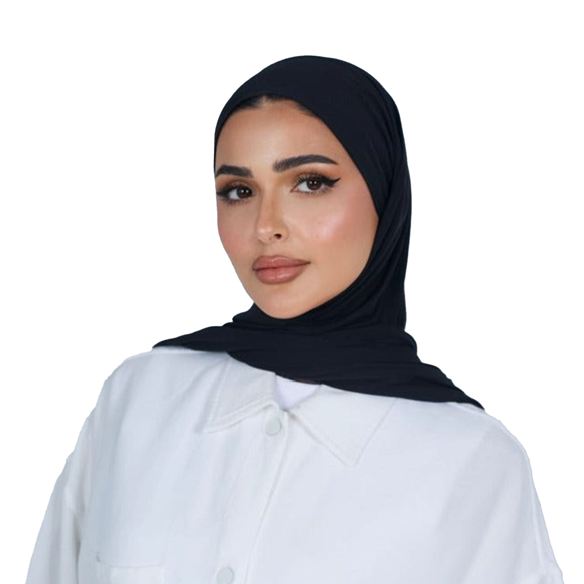 Woman wearing a black hijab and white shirt on a white background
