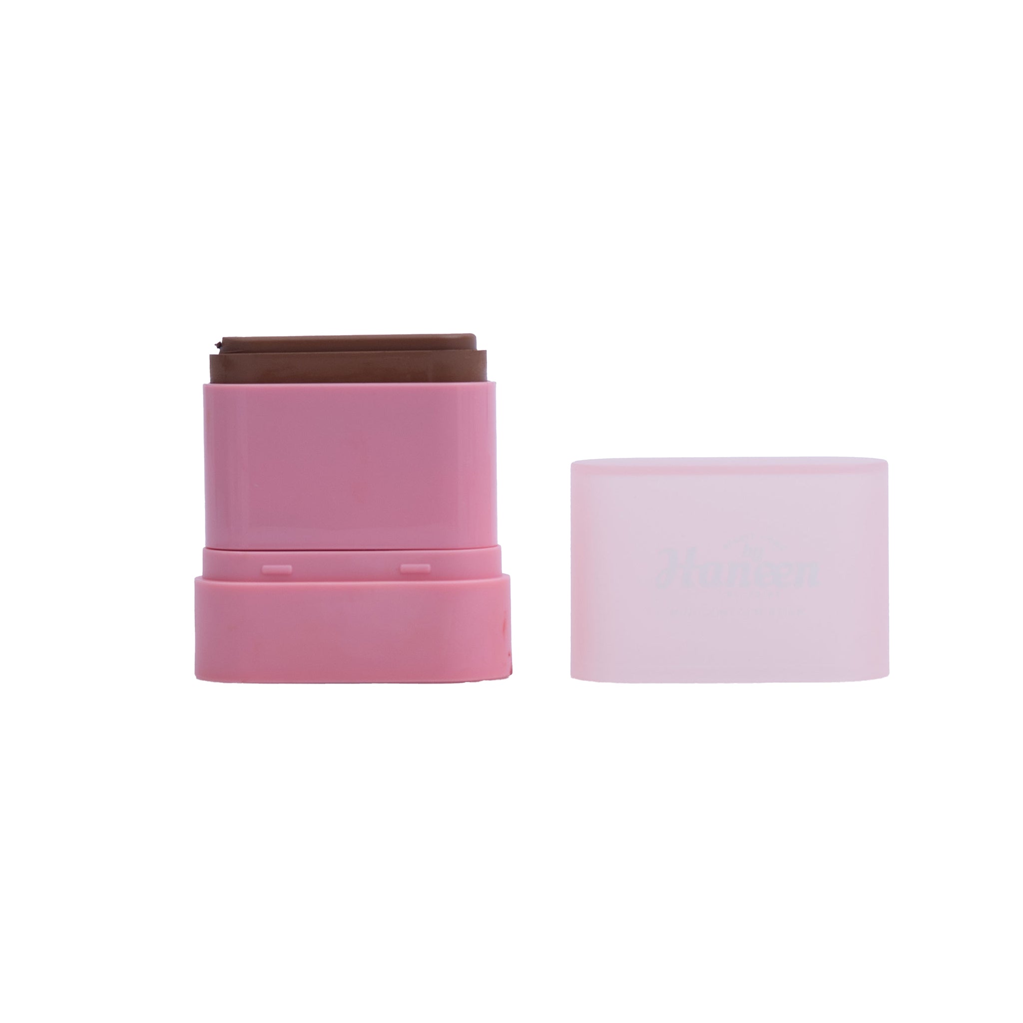 Pink cosmetic stick with brown top on a white background
