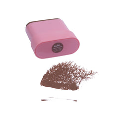 Pink container of powder with a sample on a white background
