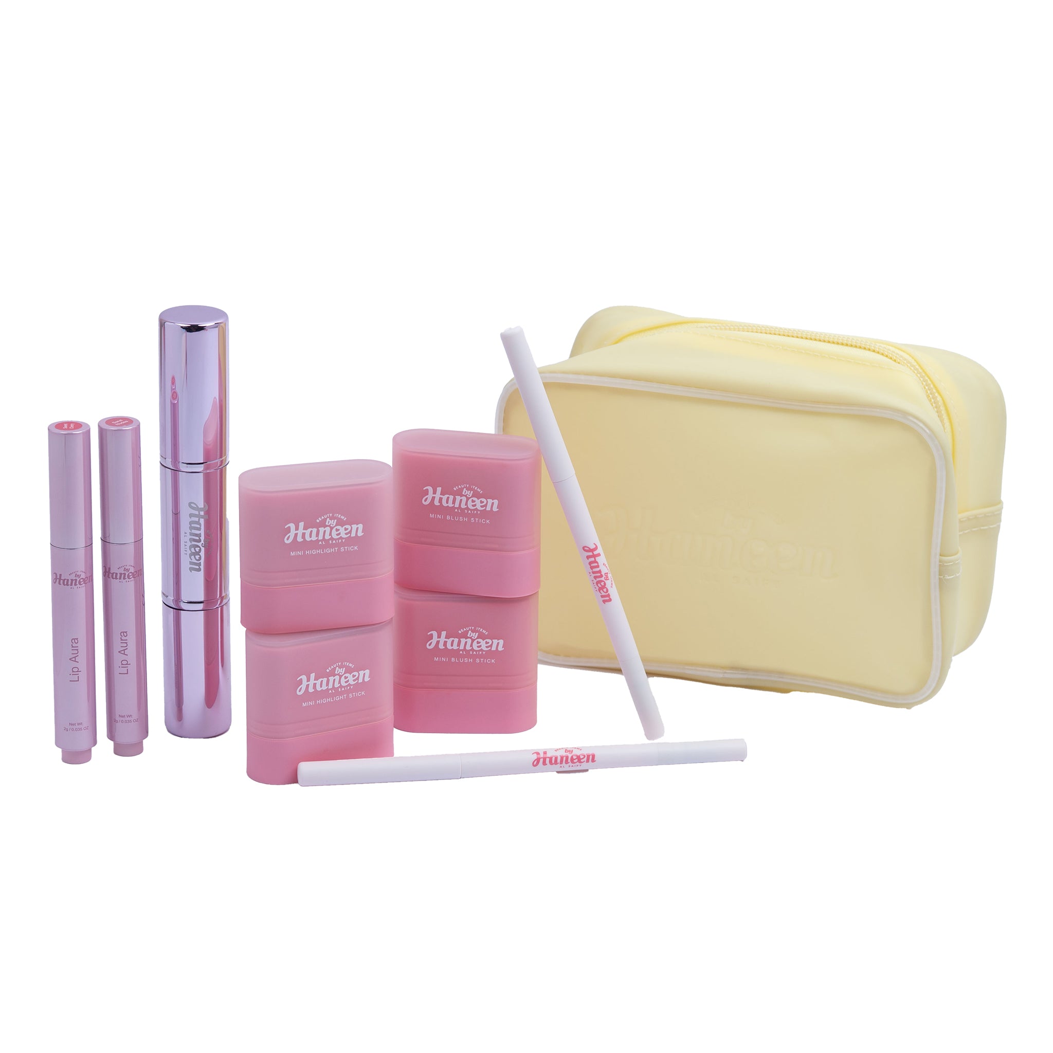 Set of pink and yellow makeup items with 'Haven' branding on a white background
