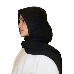 Woman wearing a black hijab on a white background
