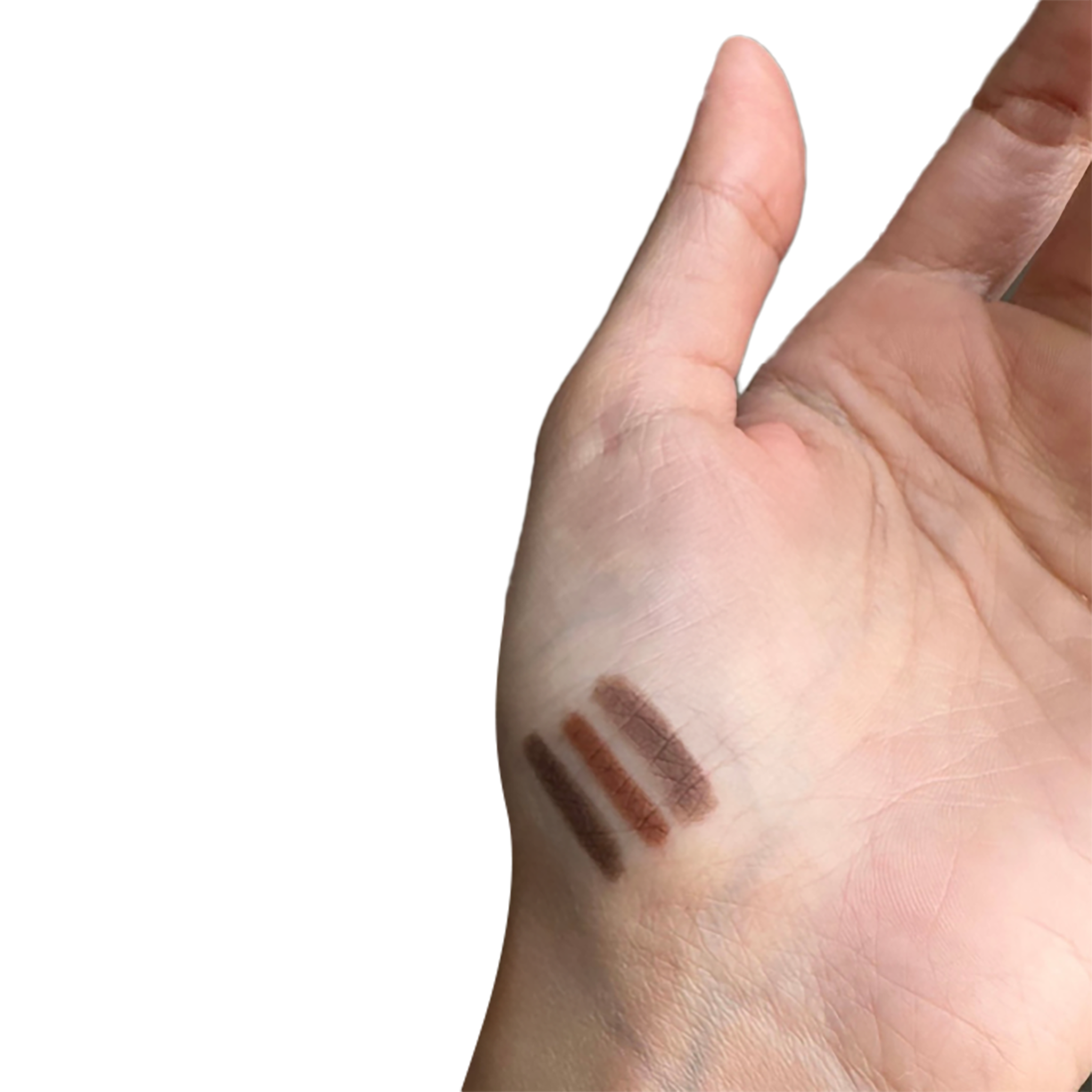 Two makeup swatches on a person's hand with a white background