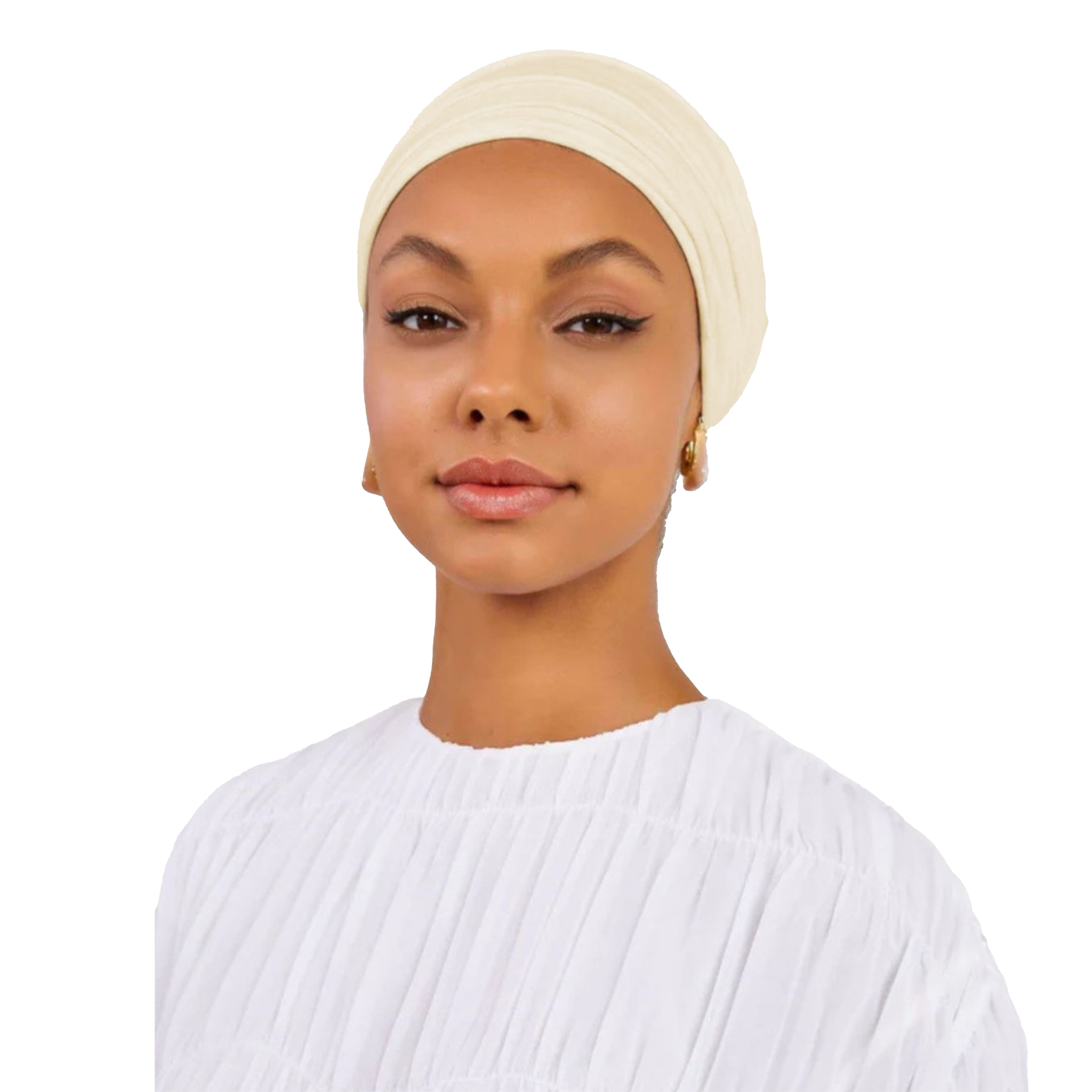 Woman wearing a beige headscarf and white top on a white background