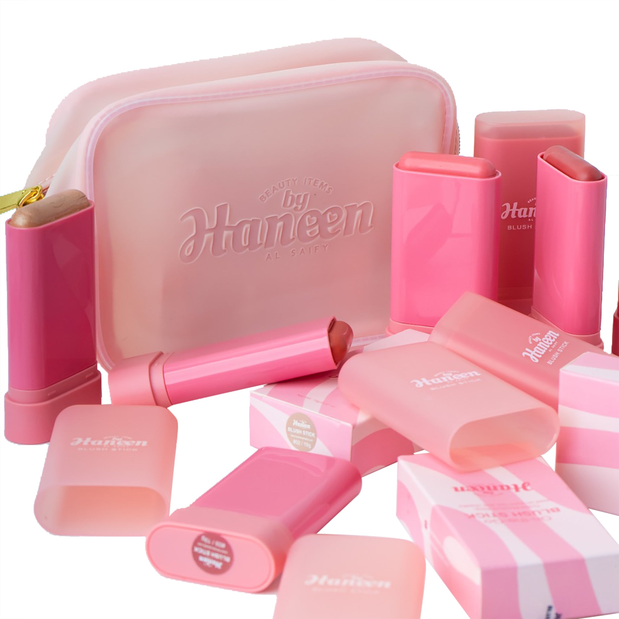 Pink Hameen makeup set with various items on a white background