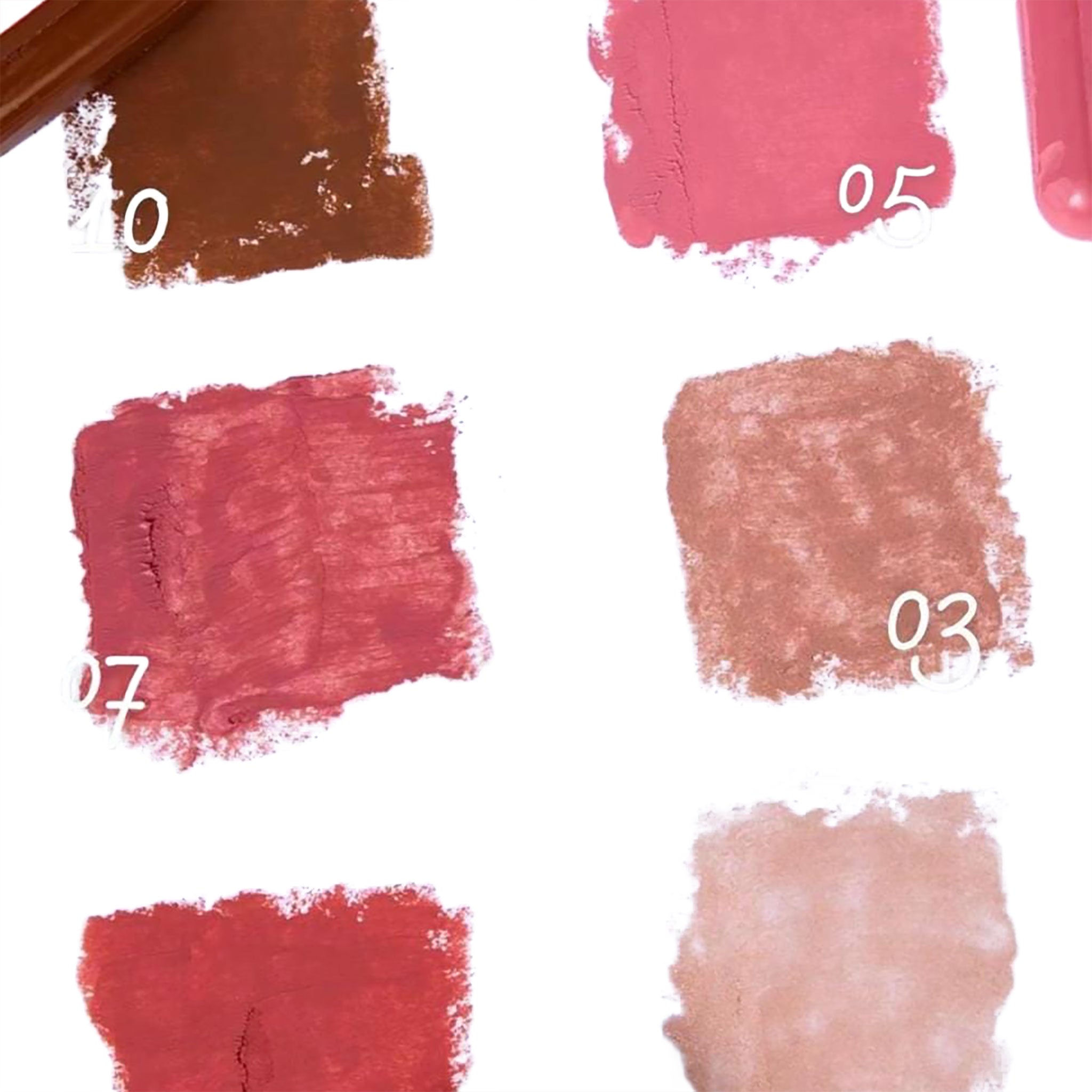 Collection of lipstick swatches in various shades on a white background