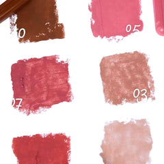 Collection of lipstick swatches in various shades on a white background
