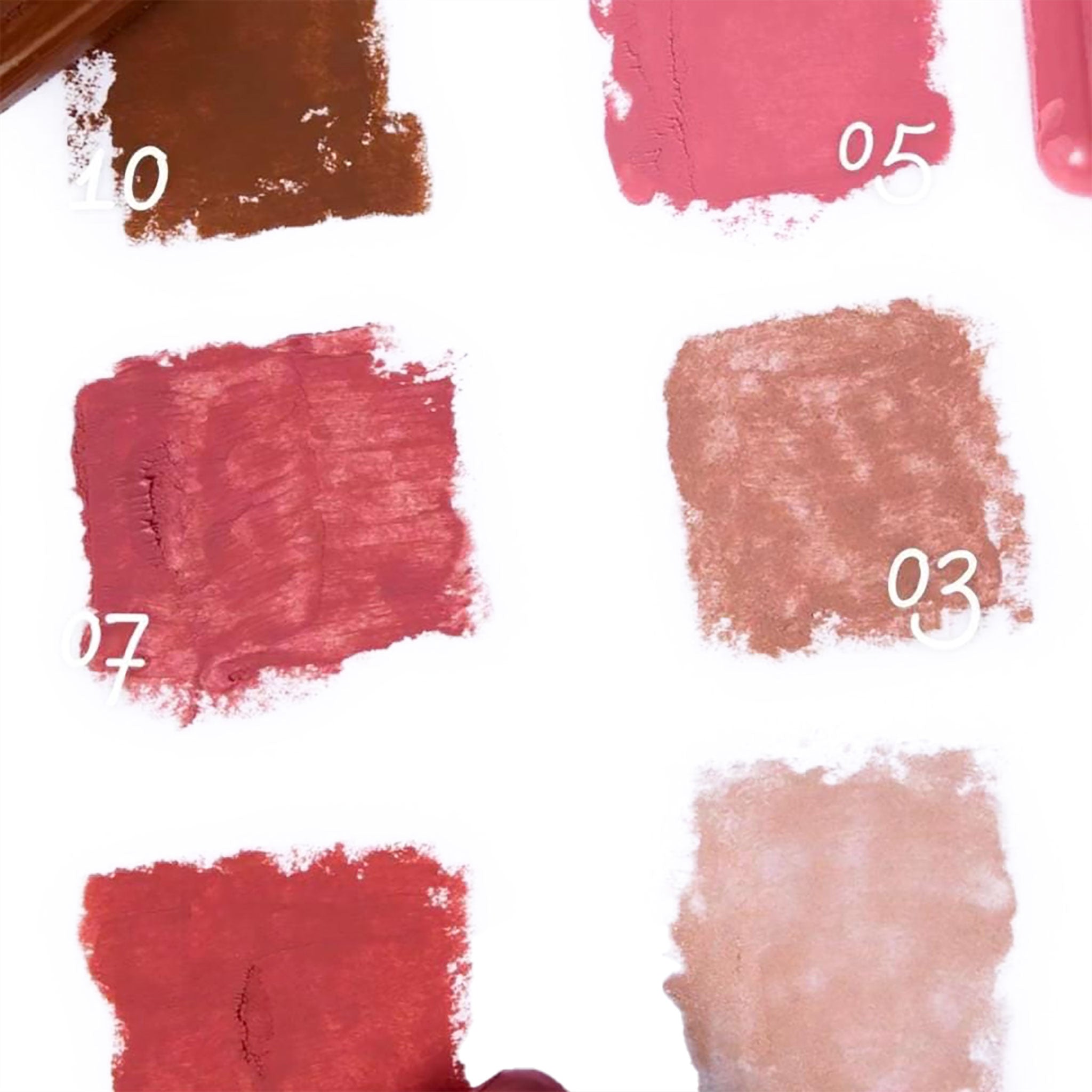 Color swatches of lipstick shades on a white background