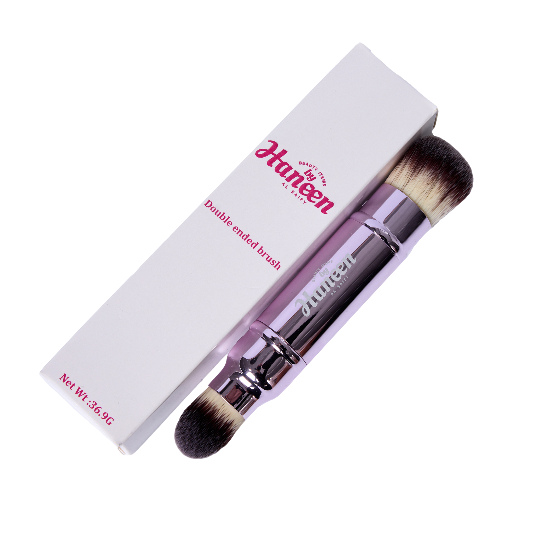 Double-ended makeup brush with packaging featuring 'Haneen' brand on a white background