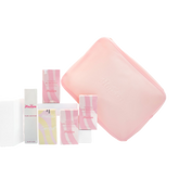 Set of pink and white skincare products with a pink square item on a white background