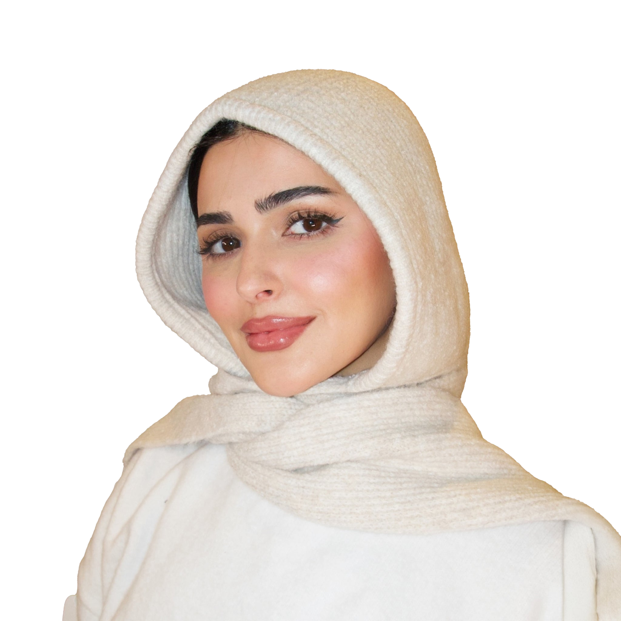 Woman wearing a beige hijab on a white background