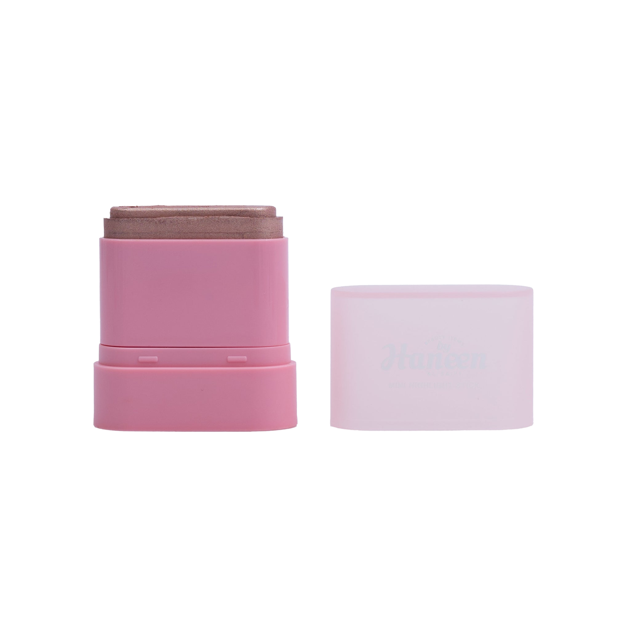 Pink cylindrical container with a smaller brown one on top, on a white background