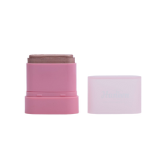 Pink cylindrical container with a smaller brown one on top, on a white background