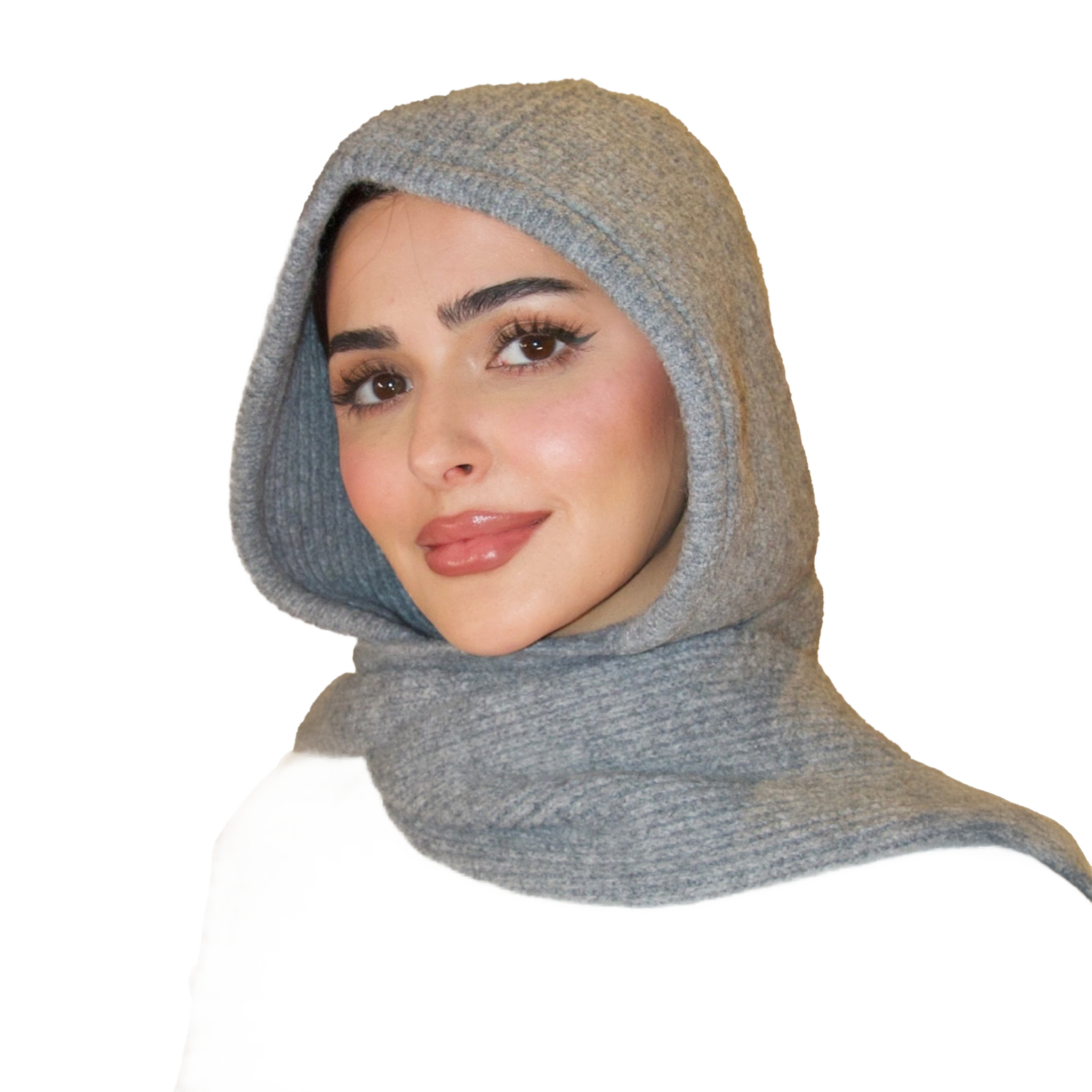Woman wearing a gray hooded scarf on a white background