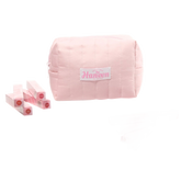 Pink pouch with Haneen branding and pink tubes on a white background