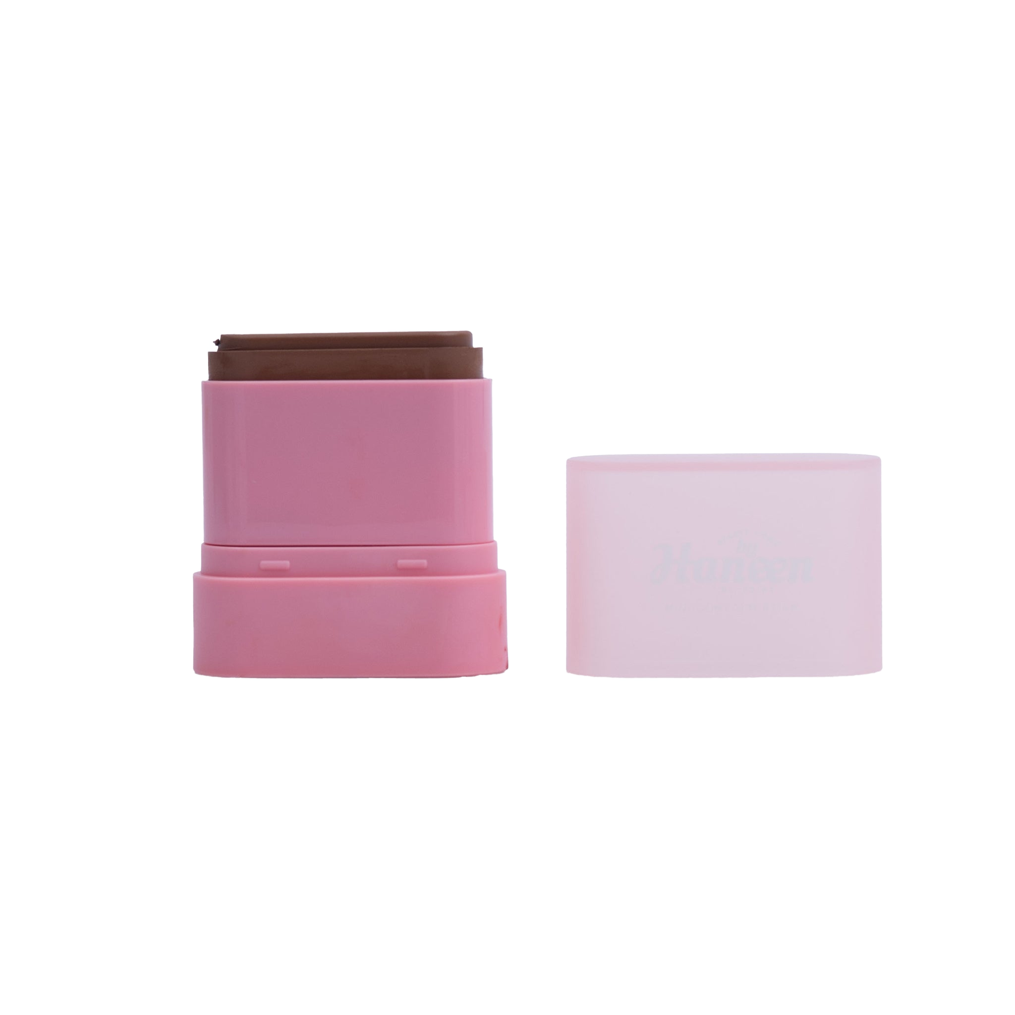 Pink cosmetic stick with brown top on a white background