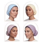 Four women's headwraps or turbans shown on a model, arranged in a 2x2 grid. The top-left wrap is light blue, the top-right is cream/beige, the bottom-left is pale pink, and the bottom-right is light purple/lavender.