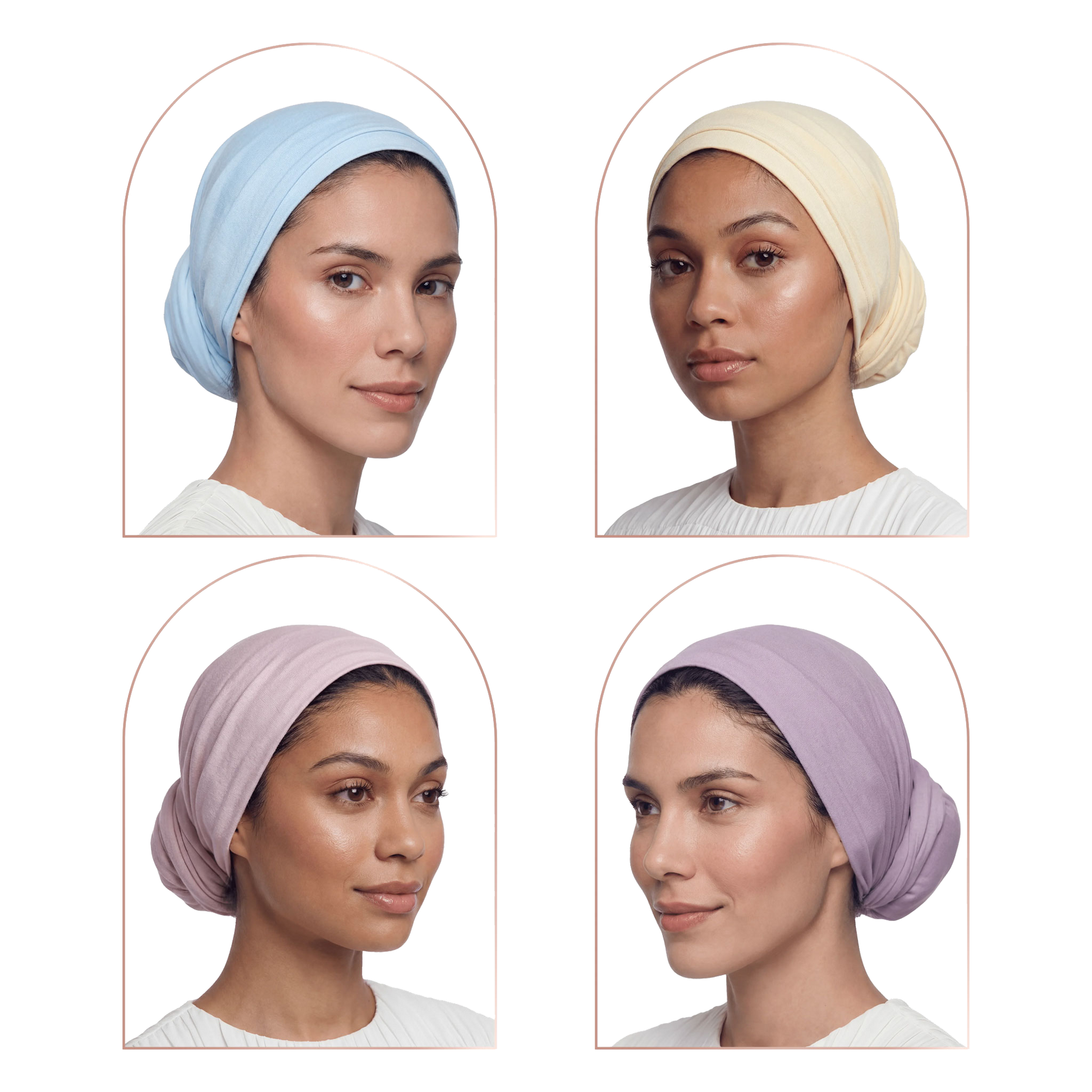 Four women's headwraps or turbans shown on a model, arranged in a 2x2 grid. The top-left wrap is light blue, the top-right is cream/beige, the bottom-left is pale pink, and the bottom-right is light purple/lavender.