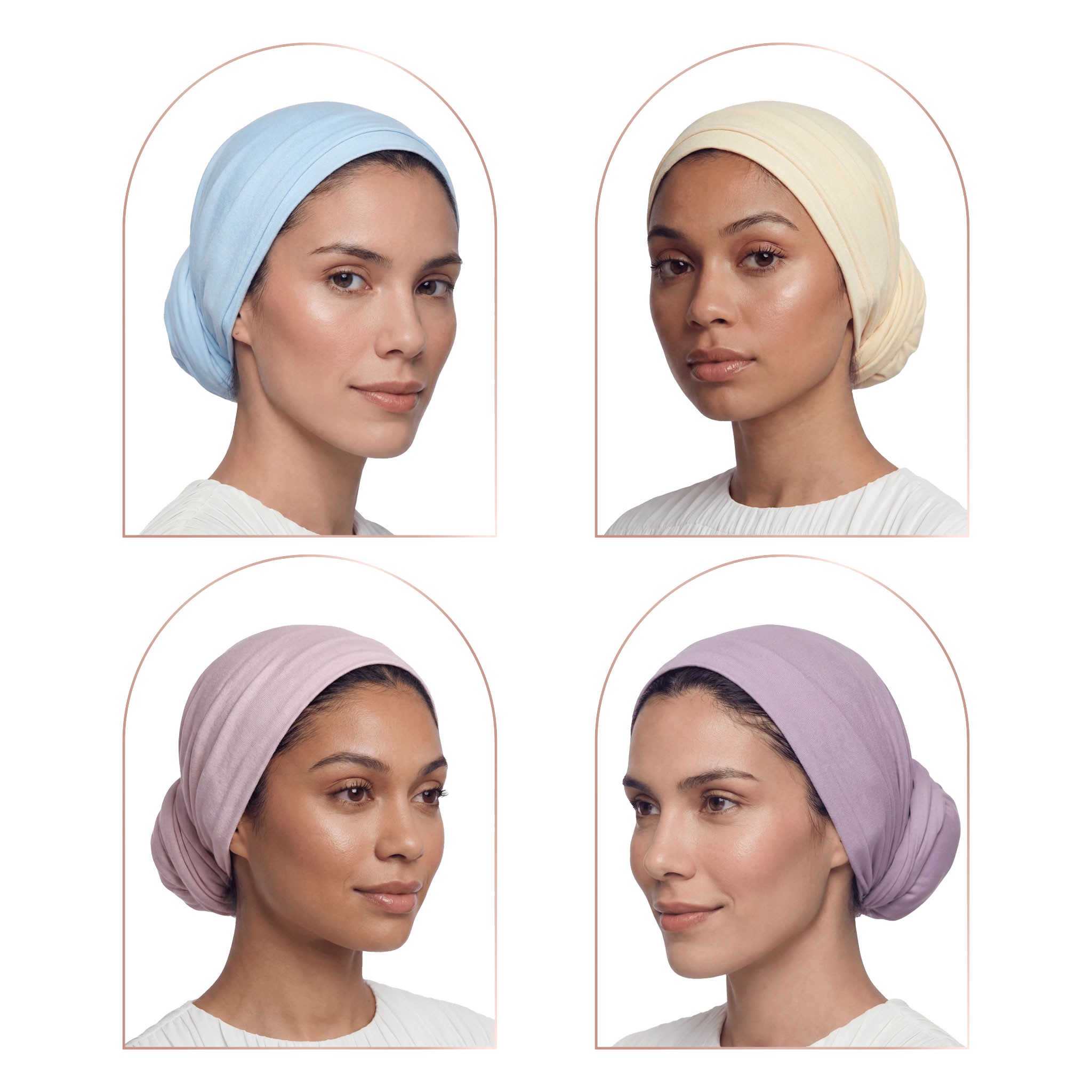 Four women's headwraps or turbans shown on a model, arranged in a 2x2 grid. The top-left wrap is light blue, the top-right is cream/beige, the bottom-left is pale pink, and the bottom-right is light purple/lavender.