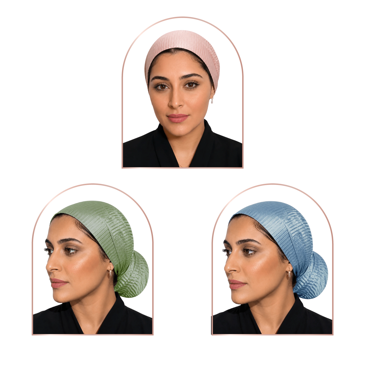 Three arched portrait frames show a woman modeling a textured hijab in different colors: light pink at the top, sage green at bottom left, and dusty blue at bottom right. The woman wears a black top against a plain white background.