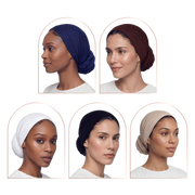 Five women shown in profile wearing different fabric headwraps or hijabs in navy blue, brown, white, black, and beige, arranged in a 2x3 grid on a white background.
