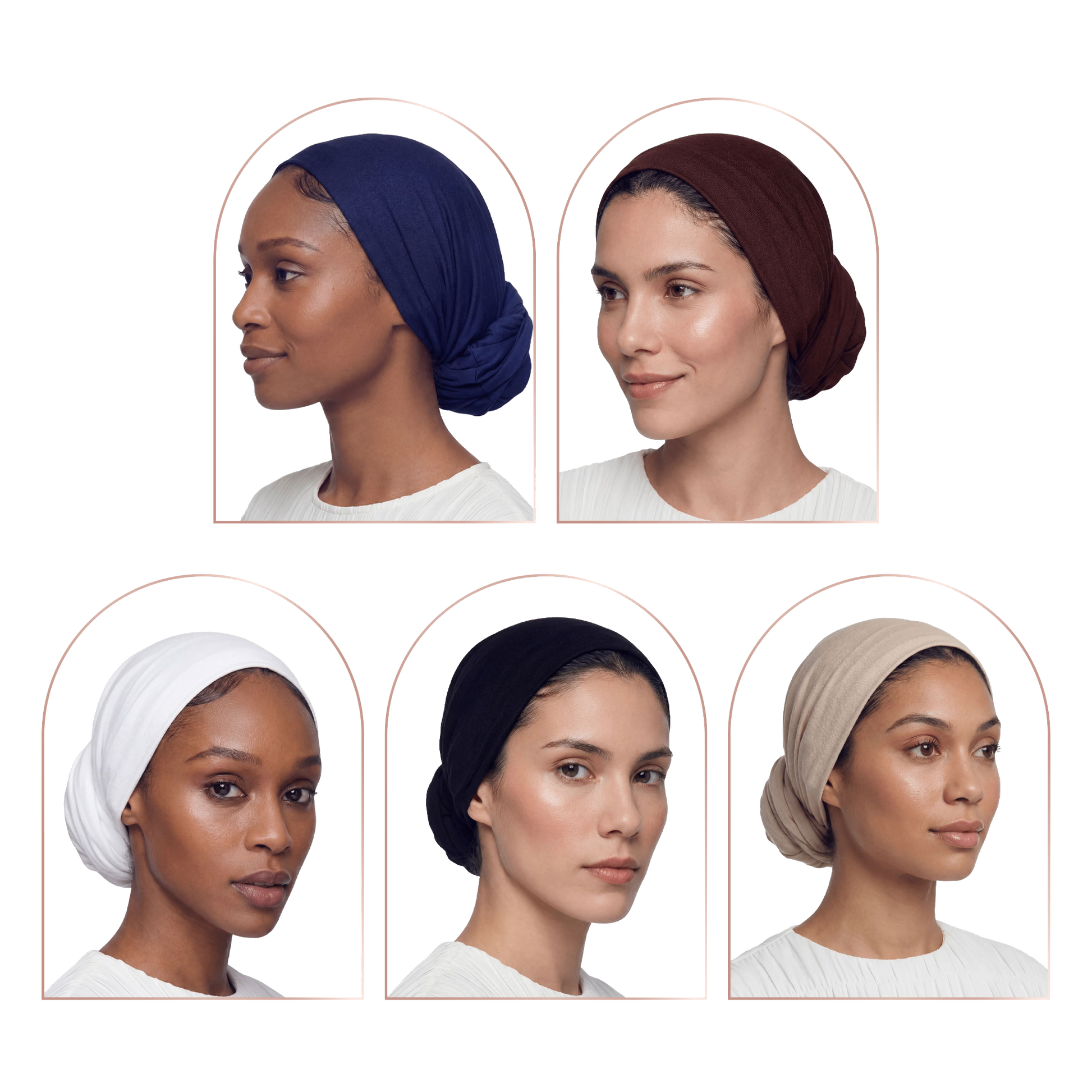 Five women shown in profile wearing different fabric headwraps or hijabs in navy blue, brown, white, black, and beige, arranged in a 2x3 grid on a white background.