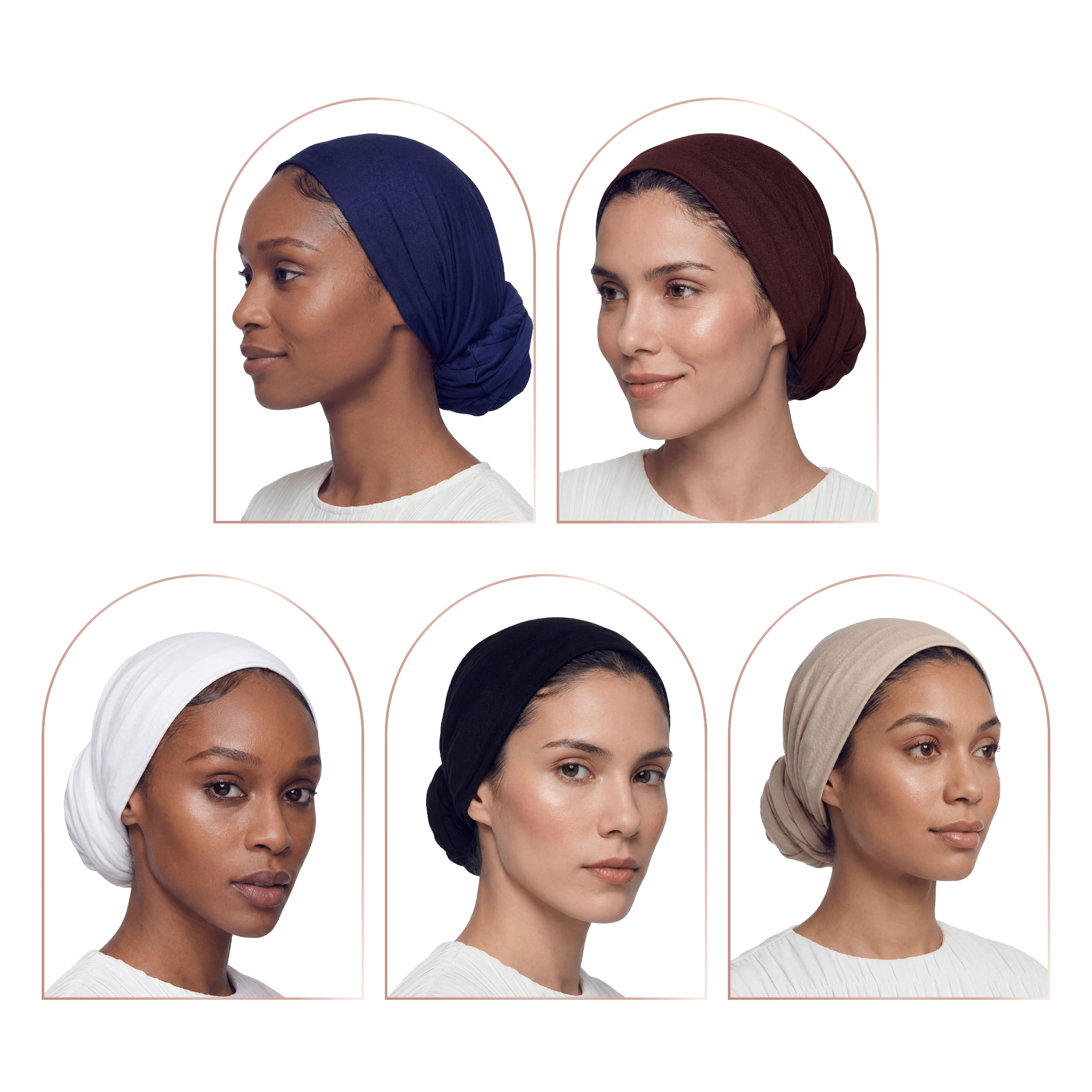 Five women shown in profile wearing different fabric headwraps or hijabs in navy blue, brown, white, black, and beige, arranged in a 2x3 grid on a white background.