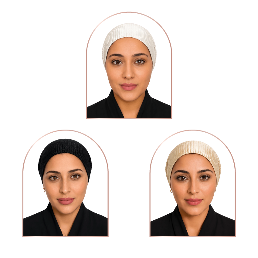 Three portrait-style product views of a woman wearing a ribbed knit head covering, shown in two black and one off-white/cream colorway on a light gray background.