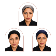 Three portrait-style product views of a woman wearing a ribbed head covering in different colors: light gray, black, and navy blue. Each view is framed in an arched rectangle on a plain white background.