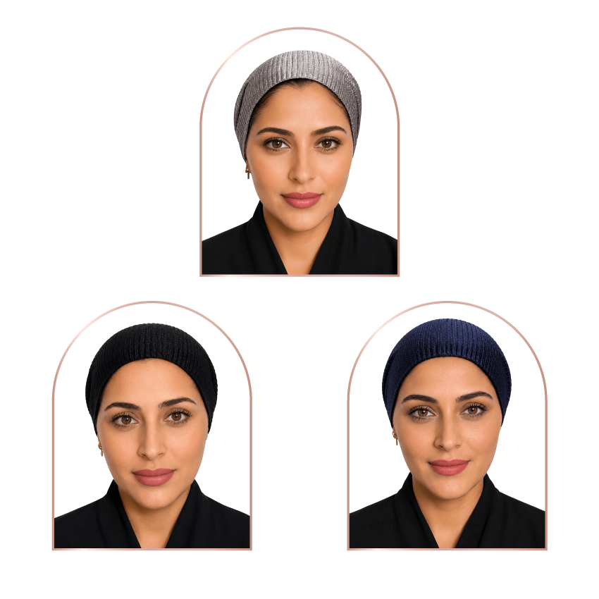 Three portrait-style product views of a woman wearing a ribbed head covering in different colors: light gray, black, and navy blue. Each view is framed in an arched rectangle on a plain white background.