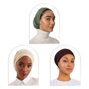 Three women wearing different headwraps in sage green, cream, and dark brown, shown in arched portrait frames against a white background.