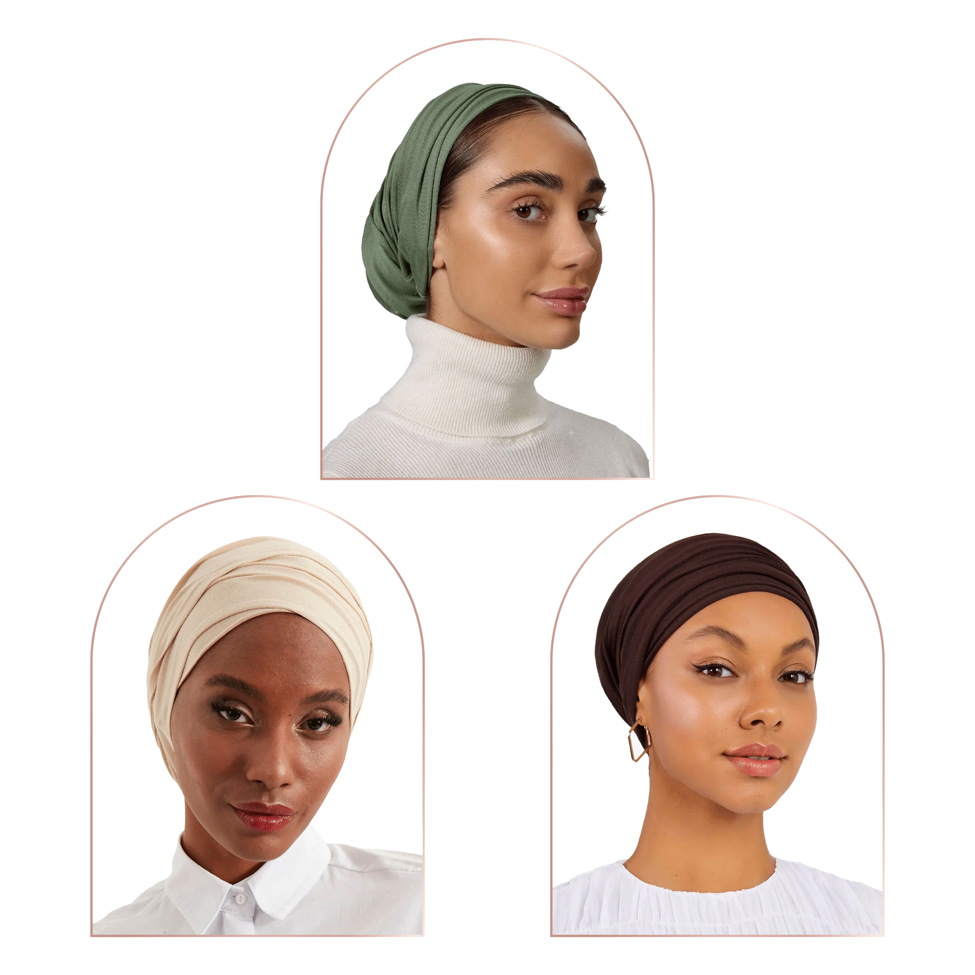 Three women wearing different headwraps in sage green, cream, and dark brown, shown in arched portrait frames against a white background.