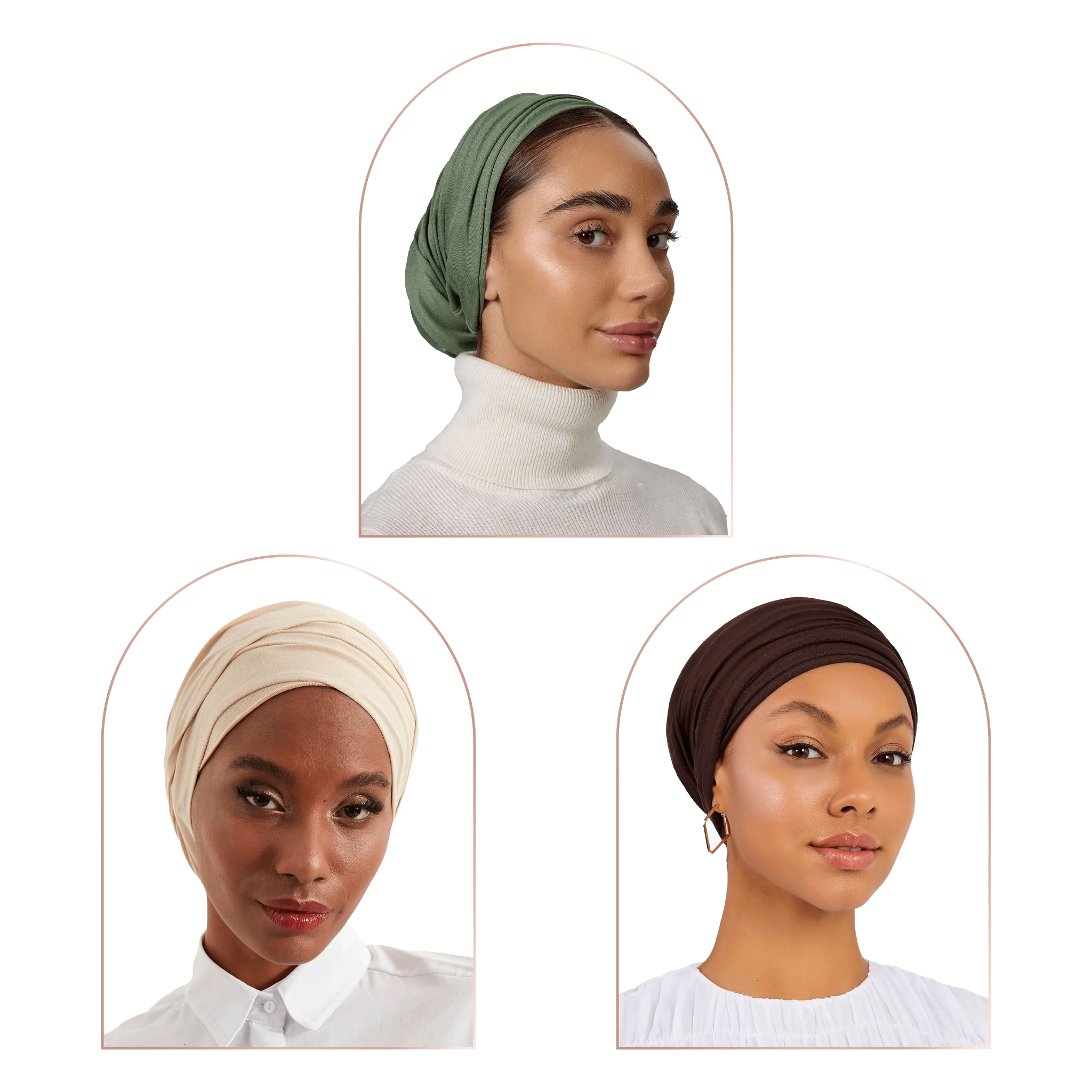 Three women wearing different headwraps in sage green, cream, and dark brown, shown in arched portrait frames against a white background.