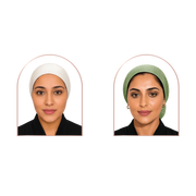 Two women shown from the chest up wearing ribbed headwraps, one in white and one in sage green, against a plain white background.