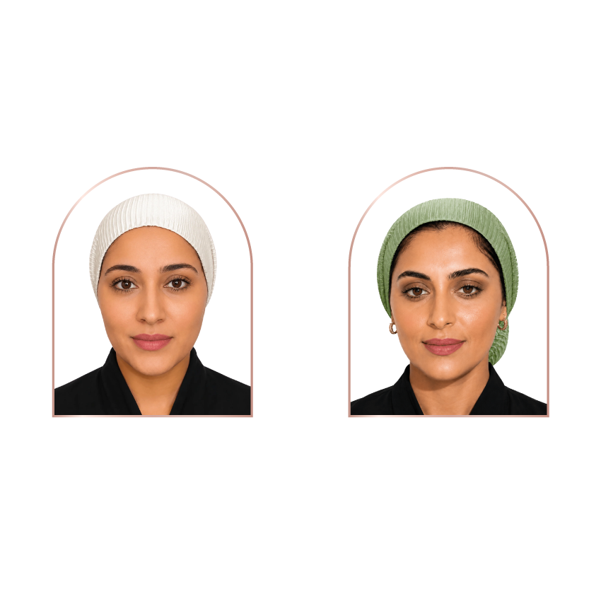 Two women shown from the chest up wearing ribbed headwraps, one in white and one in sage green, against a plain white background.