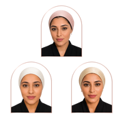Three portrait-style product views of a woman wearing a ribbed head covering in different colors: dusty pink at the top, off-white on the lower left, and cream on the lower right. Each wears a black top against a light gray background.