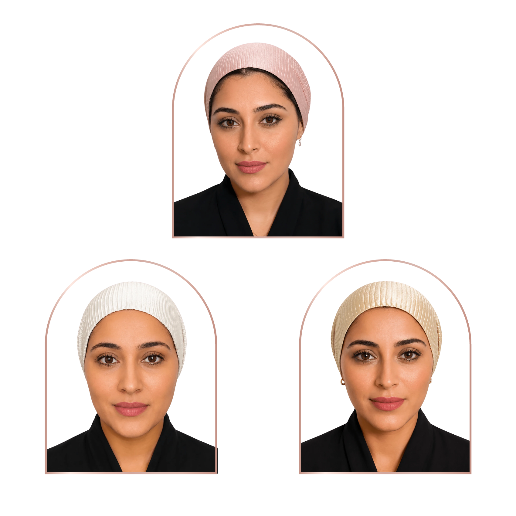 Three portrait-style product views of a woman wearing a ribbed head covering in different colors: dusty pink at the top, off-white on the lower left, and cream on the lower right. Each wears a black top against a light gray background.