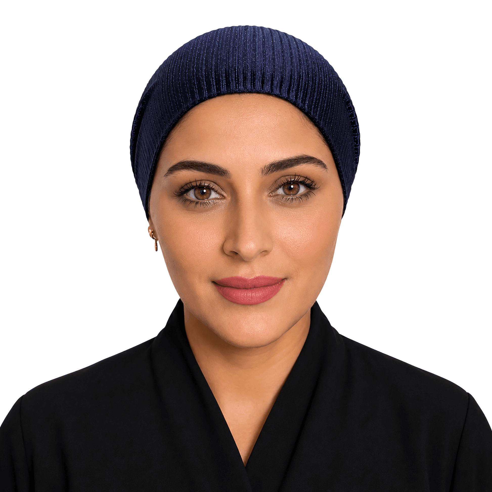 A woman wearing a navy blue ribbed knit hijab and a black garment, shown from the chest up against a plain white background.