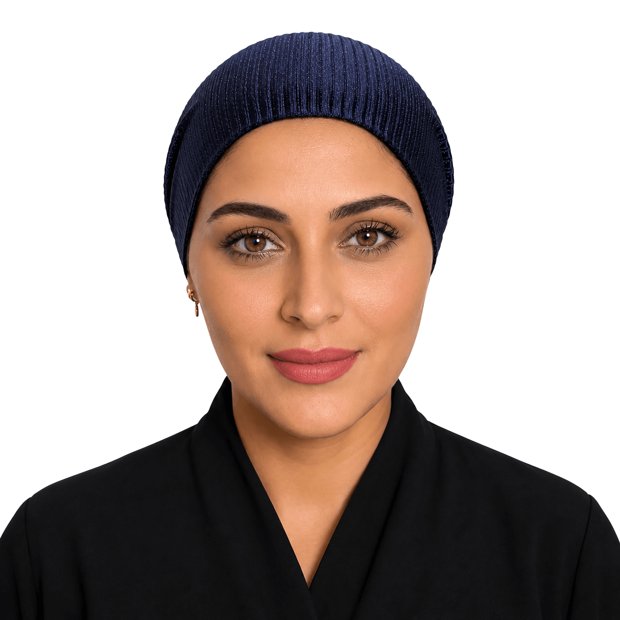 A woman wearing a navy blue ribbed knit hijab and a black garment, shown from the chest up against a plain white background.