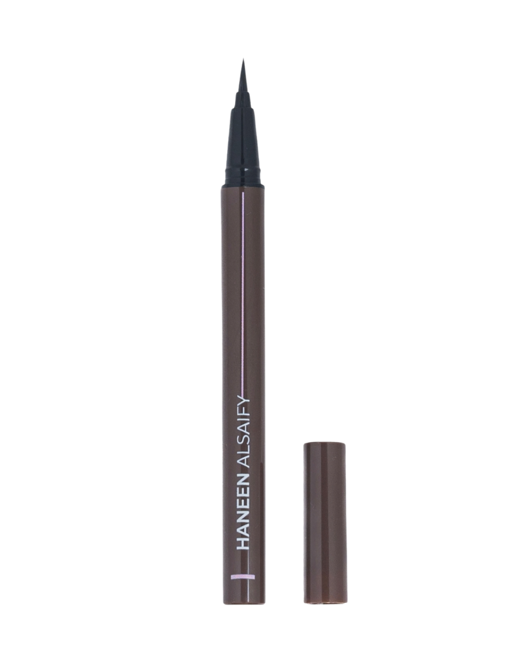 A Haneen Alsafny liquid eyeliner pen in a dark brown shade, shown with its cap off and standing next to the pen on a solid white background.