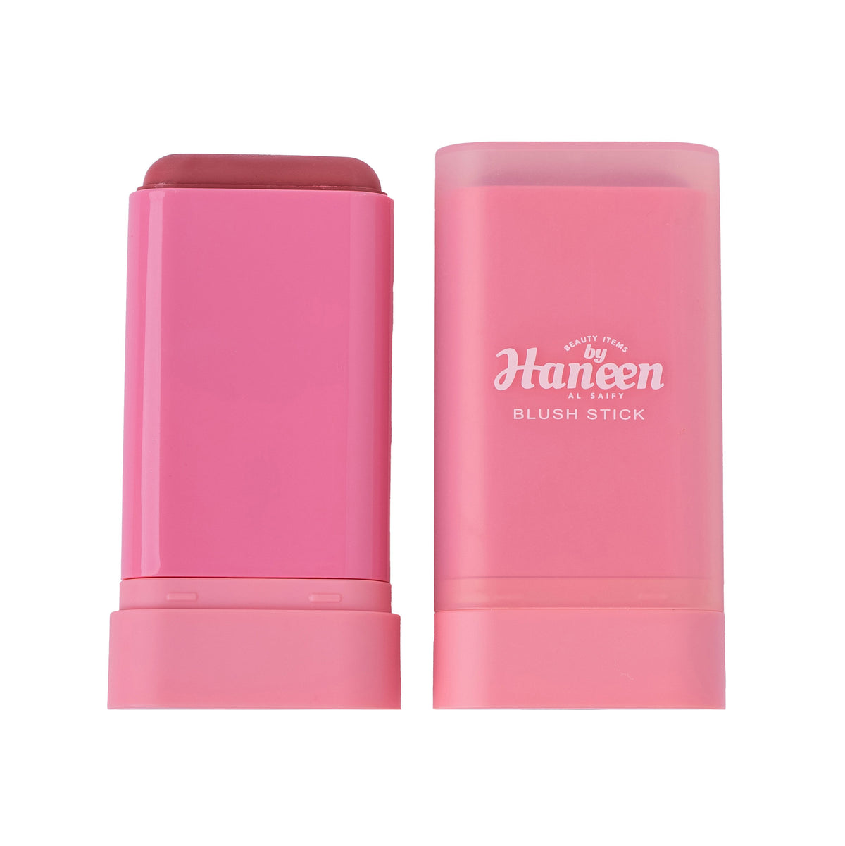 Pink blush stick with packaging on a white background