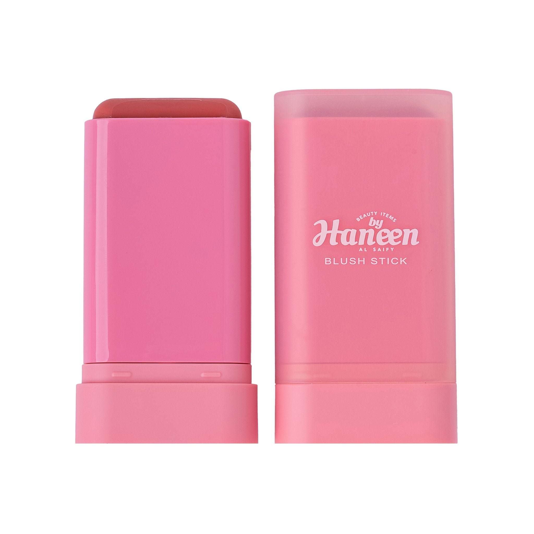 Pink blush stick with packaging on a white background