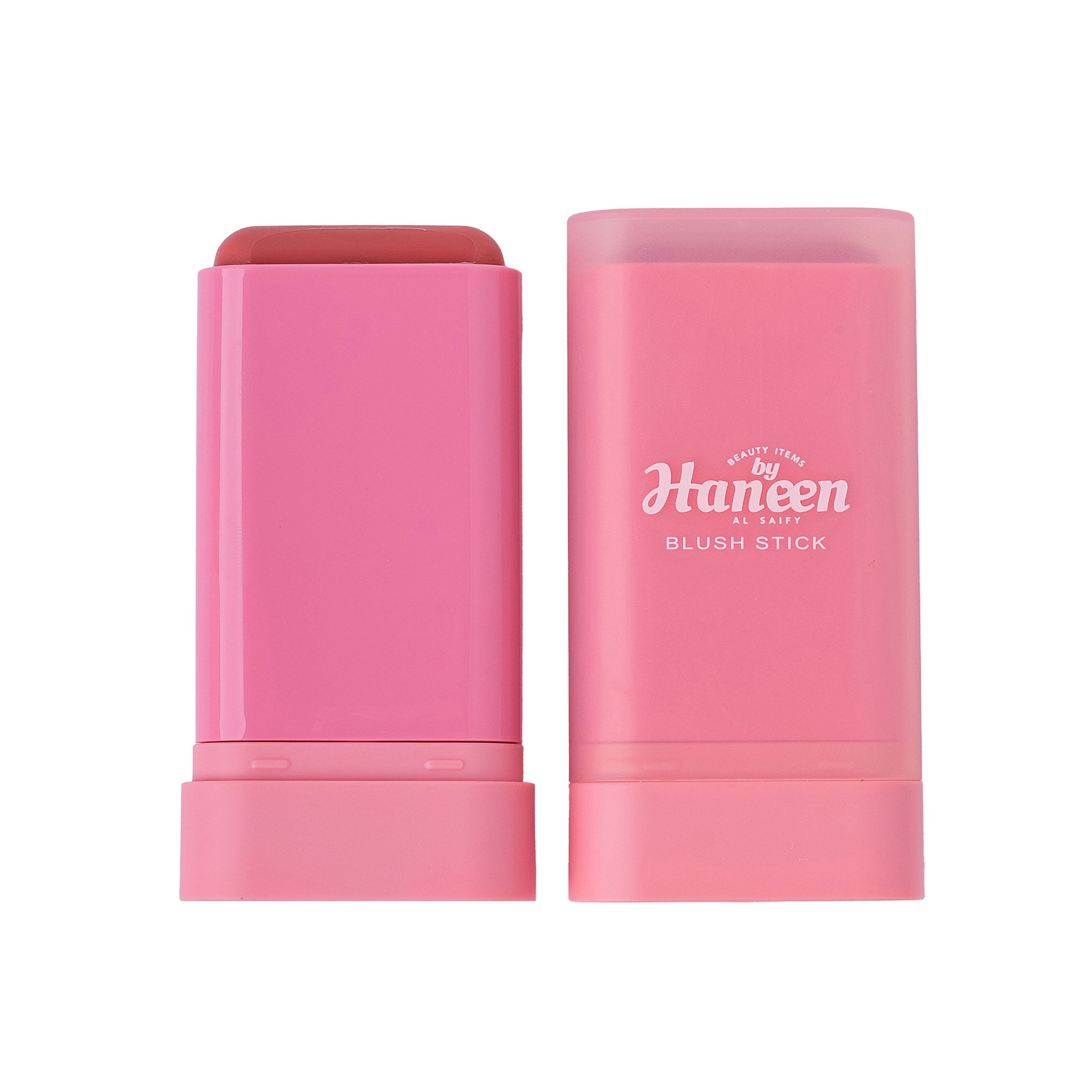 Pink blush stick with packaging on a white background