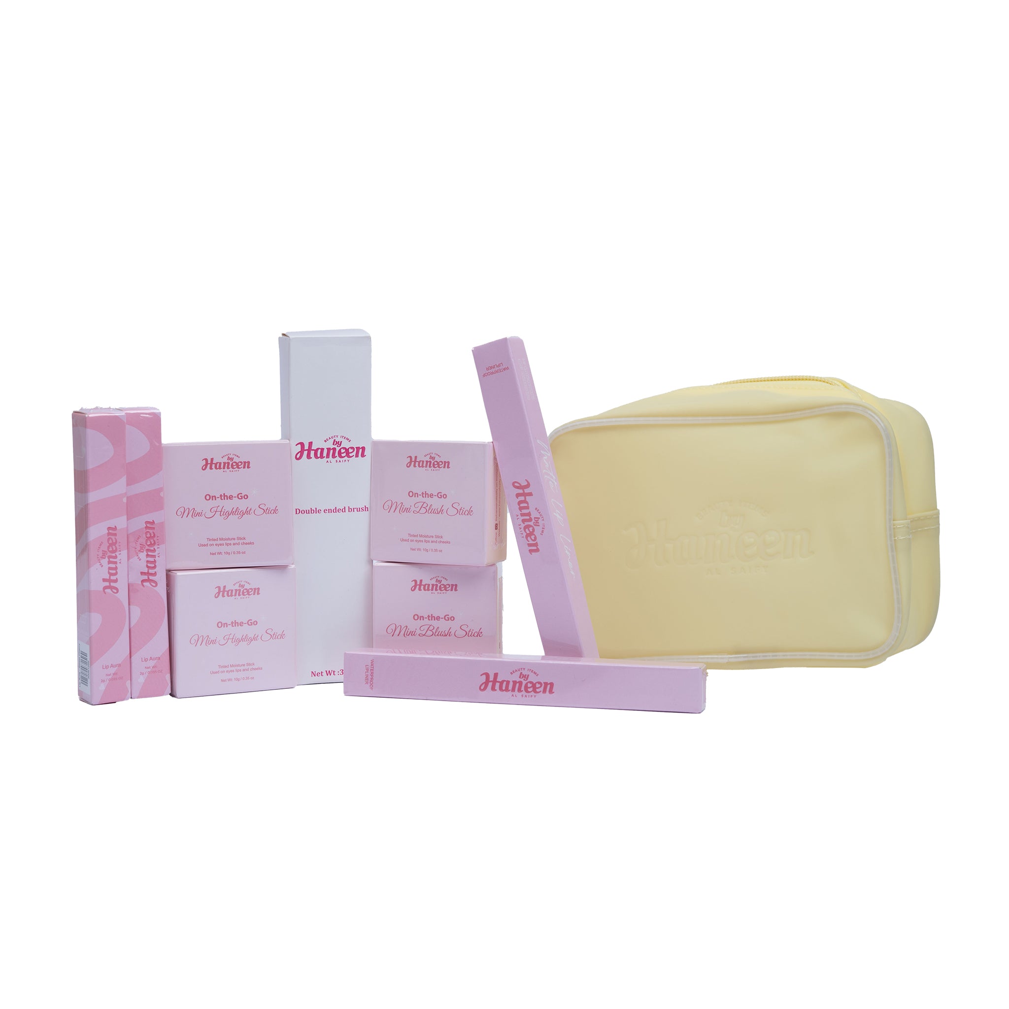 Set of Hanzen products including soap, bars, and a yellow pouch on a white background