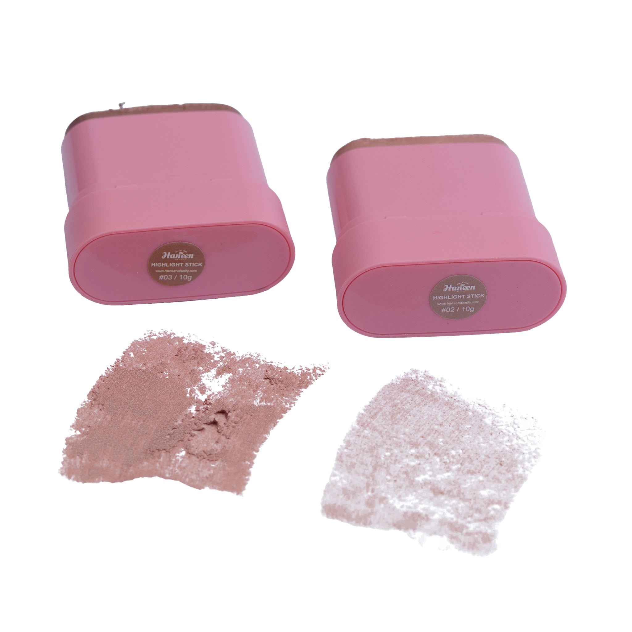 Two pink containers with makeup samples on a white background