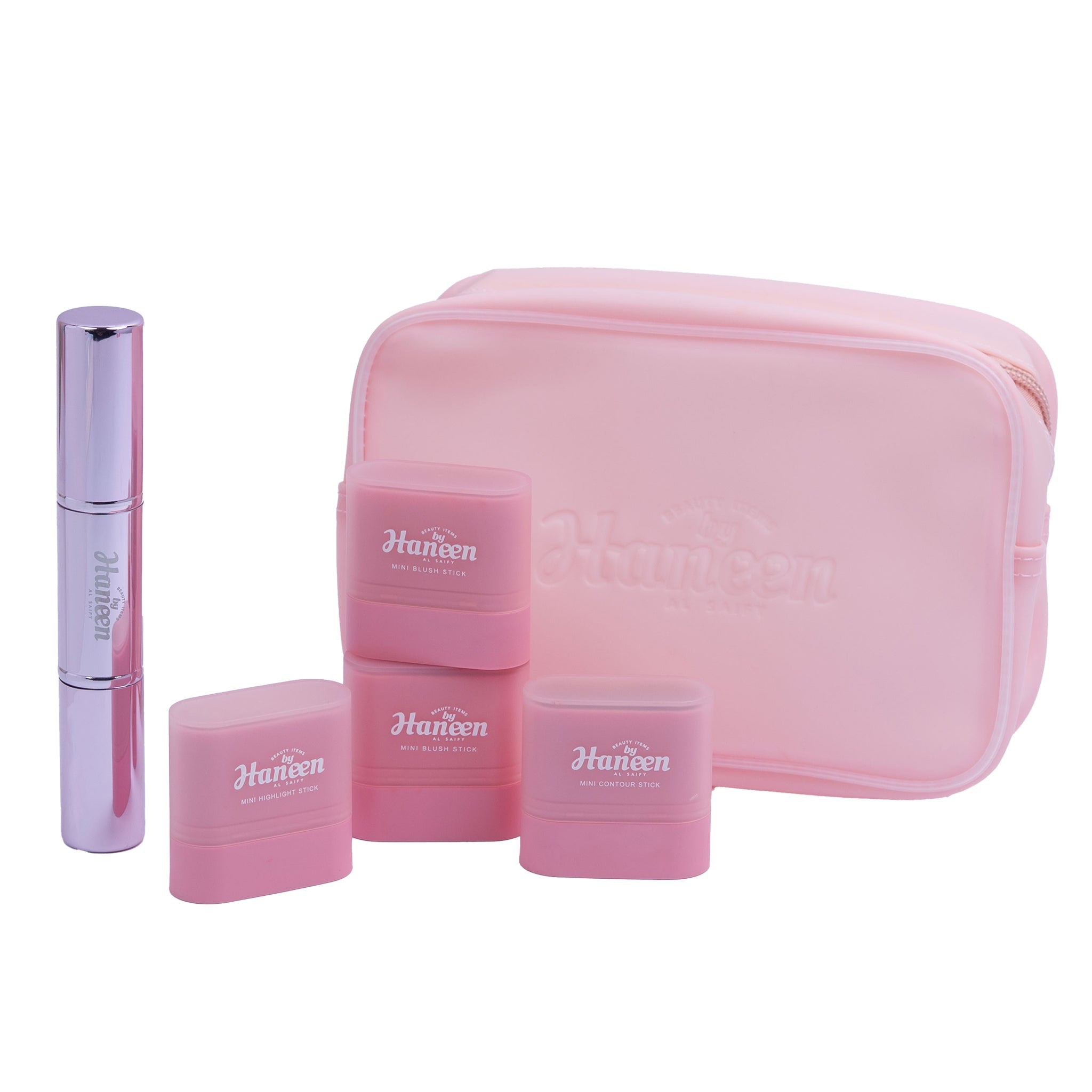 Pink cosmetic set with 'Hansen' branding on a white background