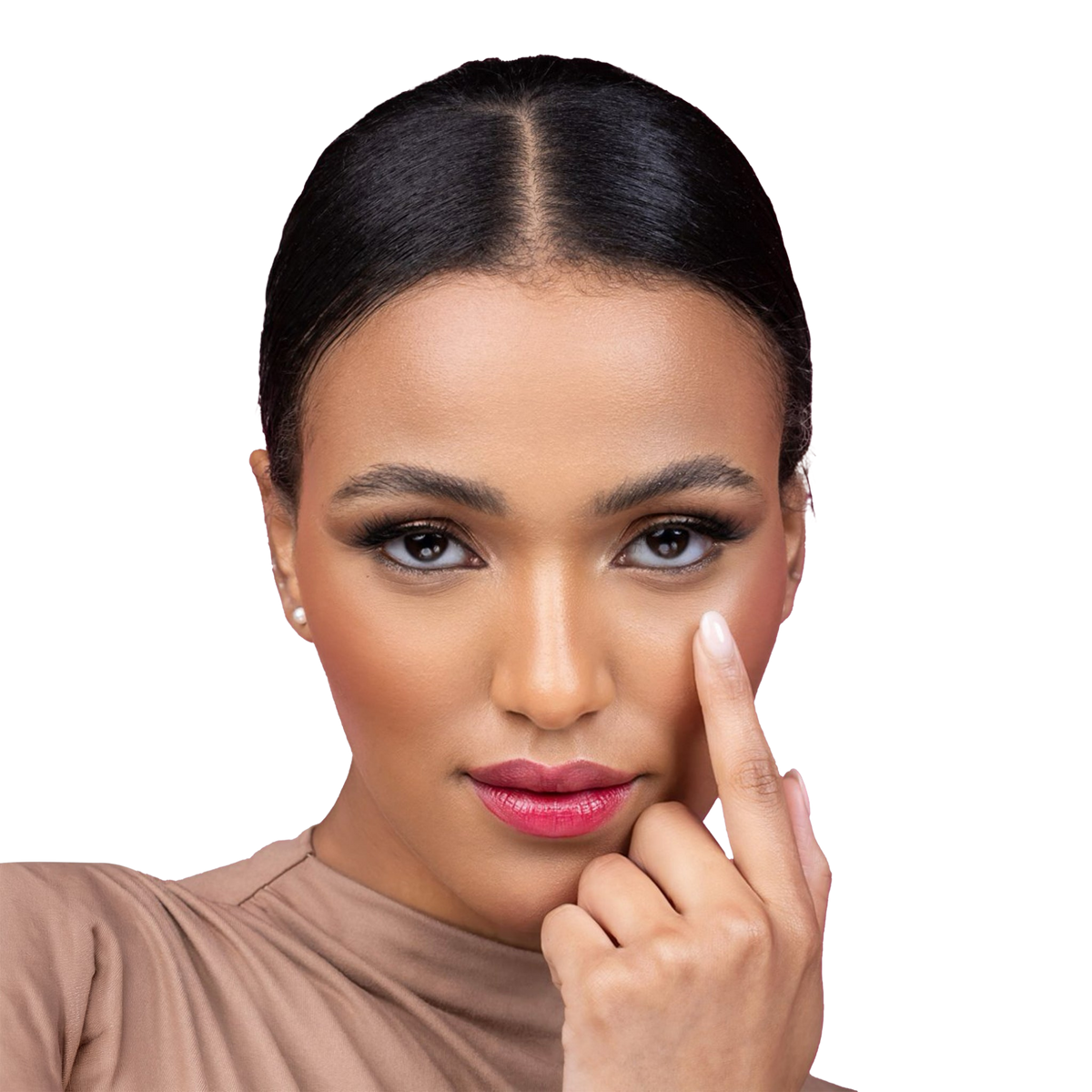 A close-up portrait of a woman with dark hair pulled back, wearing a beige top and touching her cheek, isolated on a solid black background.