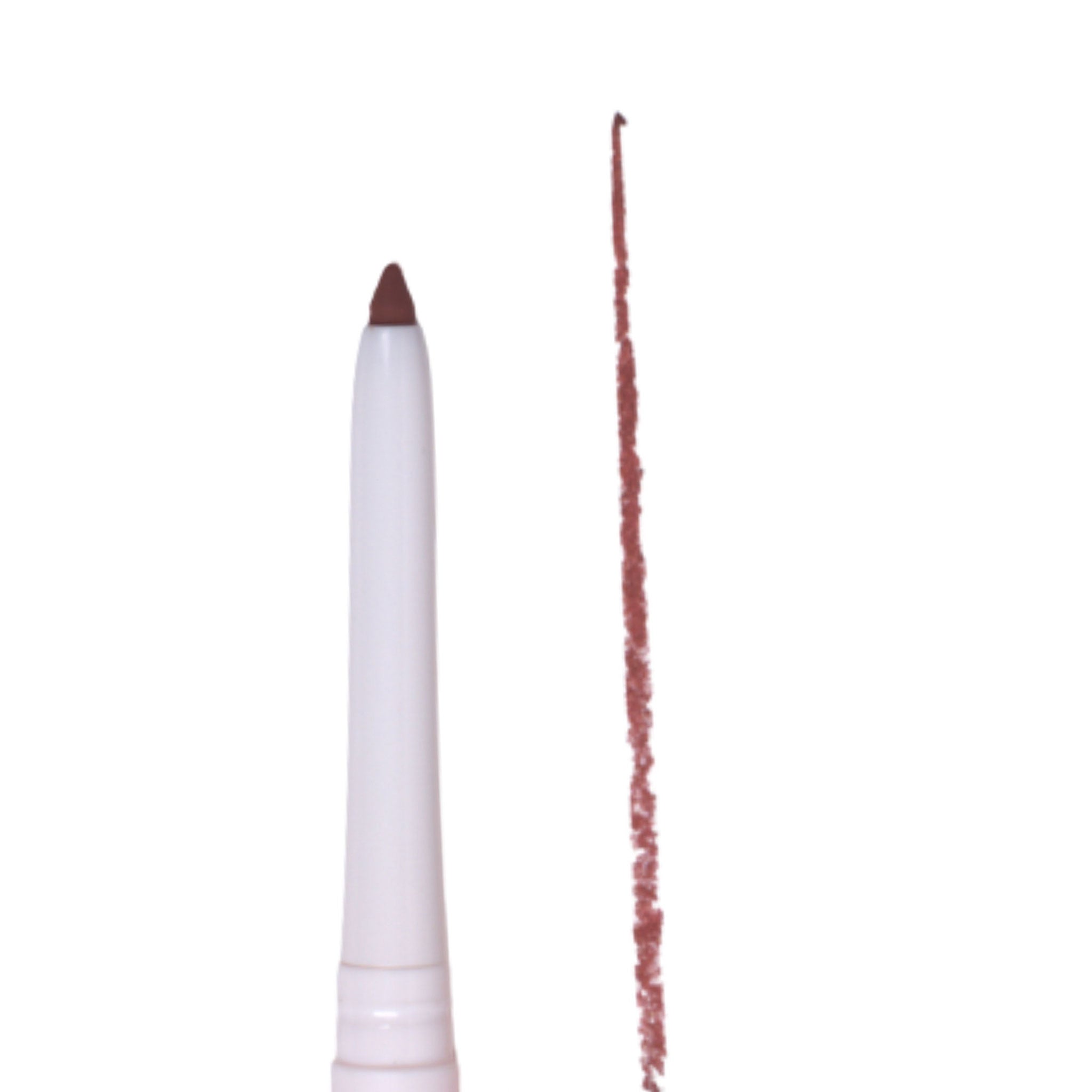 Lip liner with white casing and brown tip on a white background