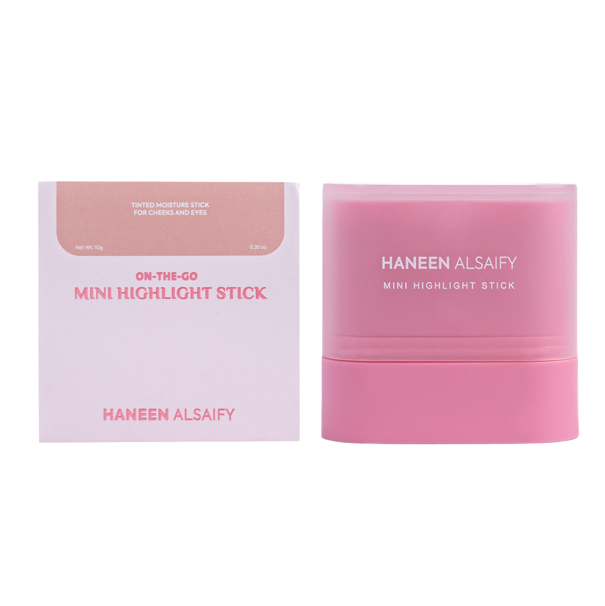 Haneen Alsaify On-the-Go Mini Highlight Stick in a pink container next to its light pink and white packaging box, shown on a solid white background.