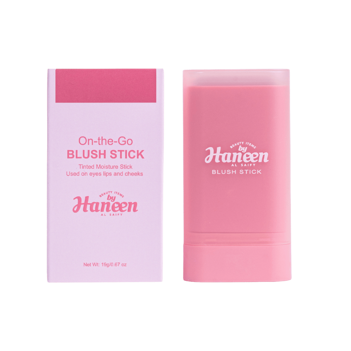 Haneen by Haneen On-the-Go Blush Stick shown next to its light pink packaging box on a solid white background.